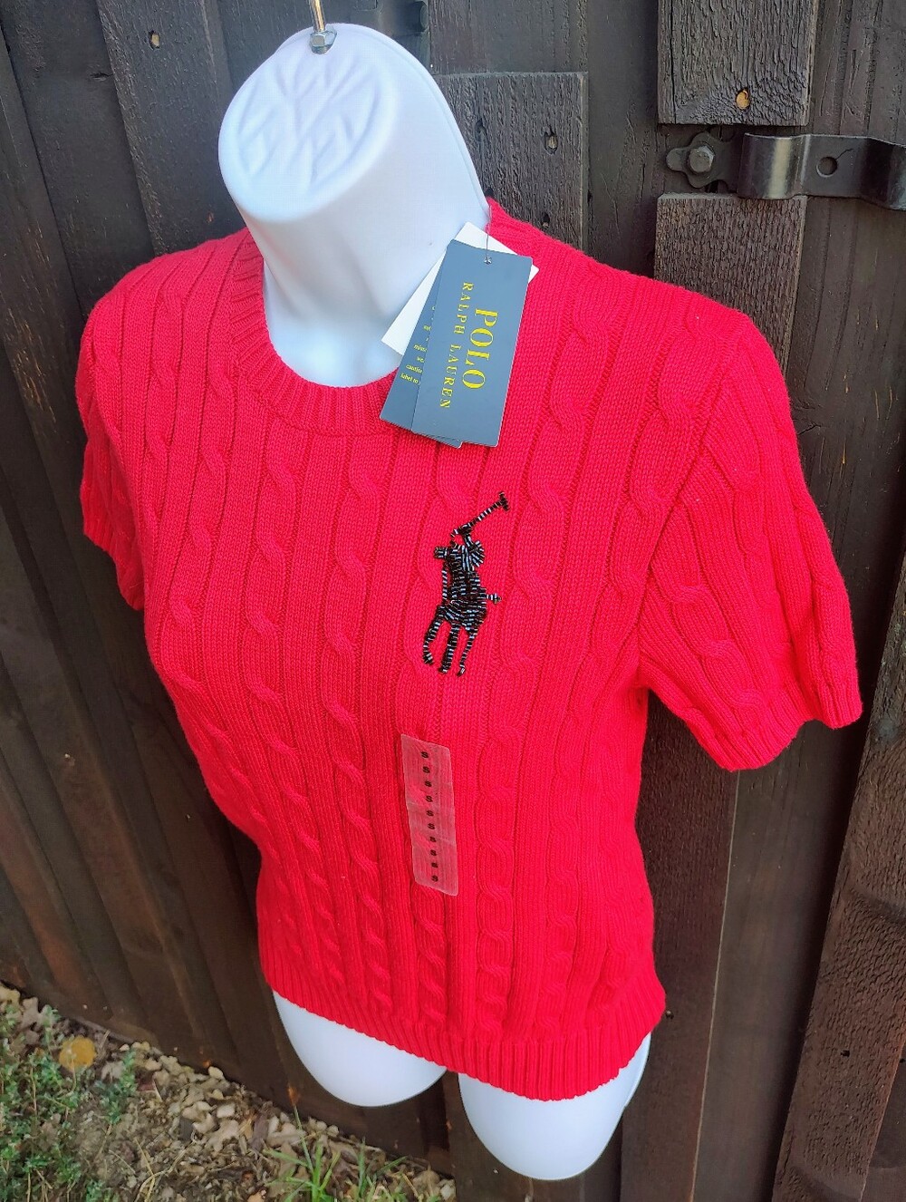 Polo by Ralph Lauren Bright Red Cable-Knit Short Sleeve Sweater with Beaded Logo